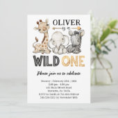 Safari Animals Wild One Birthday Party Invitation Kaart (Staand voorkant)