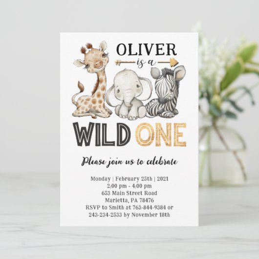Safari Animals Wild One Birthday Party Invitation Kaart (Staand voorkant)