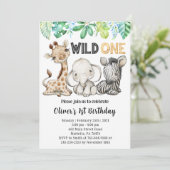 Safari Animals Wild One Birthday Party Invitation Kaart (Staand voorkant)