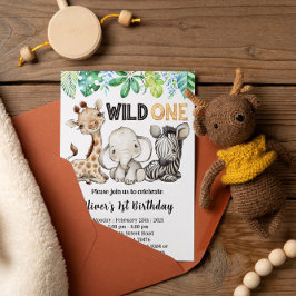 Safari Animals Wild One Birthday Party Invitation Kaart