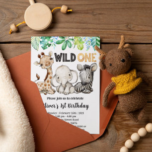 Safari Animals Wild One Birthday Party Invitation Kaart