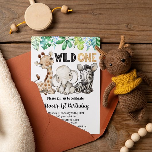 Safari Animals Wild One Birthday Party Invitation Kaart
