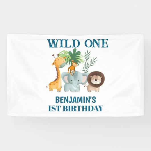 Safari Animals Wild One Jungle 1st Birthday  Spandoek (Horizontaal)