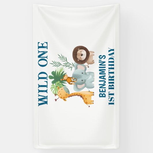 Safari Animals Wild One Jungle 1st Birthday Spandoek (Verticaal)