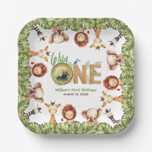 Safari Animals Wild One Photo First Birthday Wood Papieren Bordje