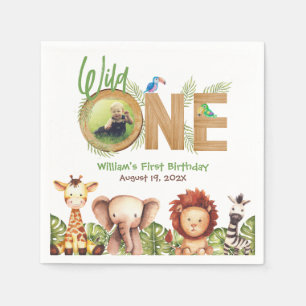 Safari Animals Wild One Photo Wood First Birthday Servet