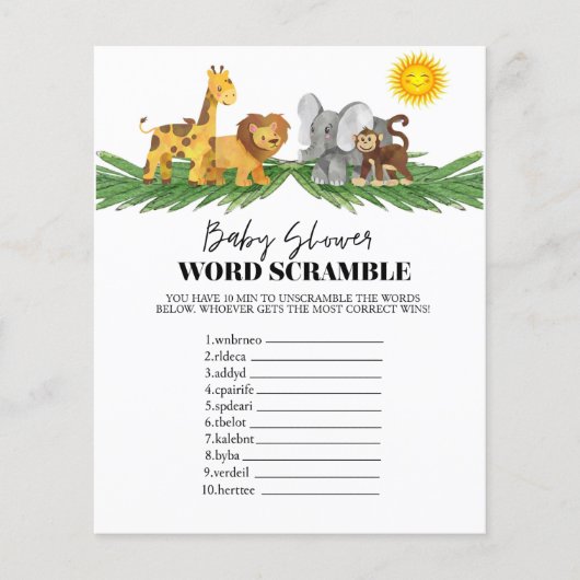 Safari Animals Word Scrumble Baby shower Game (Voorkant)