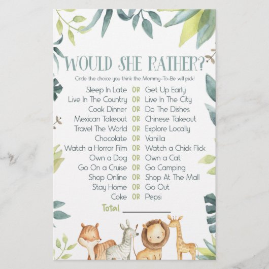 Safari Animals zou ze liever Baby shower spel Briefpapier (Voorkant)