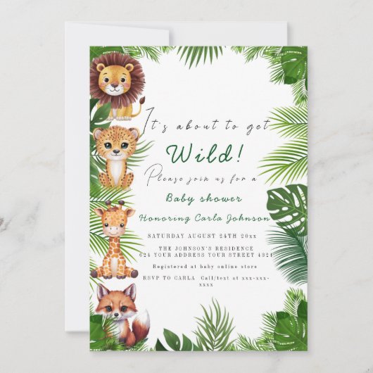 Safari animas leuke baby shower uitnodiging (Voorkant)