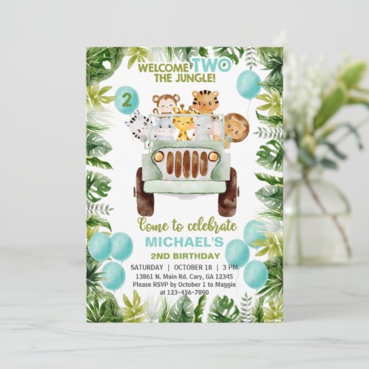 Safari-auto en dierenkast 2e verjaardag-uitnodigin kaart (Staand voorkant)