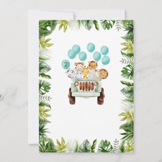 Safari-auto en dierenkast 2e verjaardag-uitnodigin kaart (Achterkant)