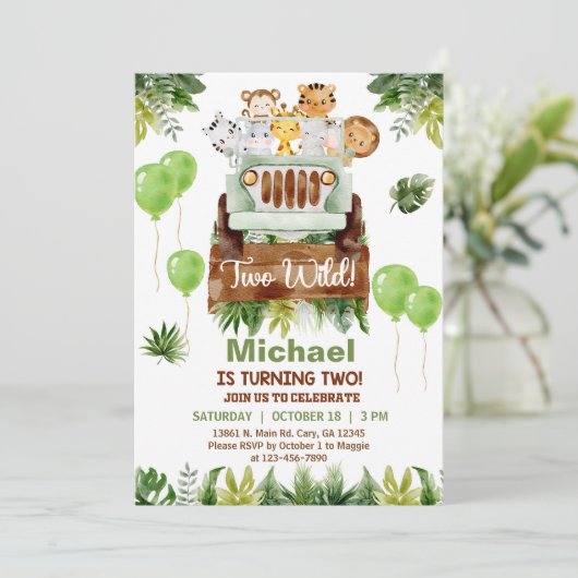 Safari-auto en dierenkast 2e verjaardag-uitnodigin kaart (Staand voorkant)