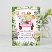 Safari auto en meisje 2e verjaardag uitnodiging. kaart (Staand voorkant)