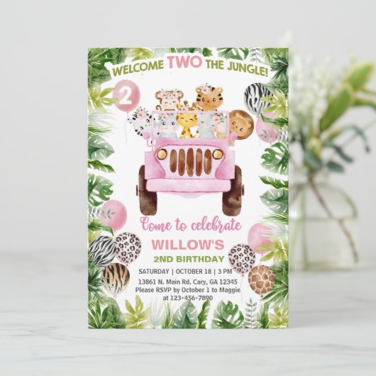 Safari auto en meisje 2e verjaardag uitnodiging. kaart (Staand voorkant)