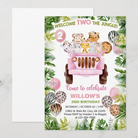 Safari auto en meisje 2e verjaardag uitnodiging. kaart (Voorkant / Achterkant)