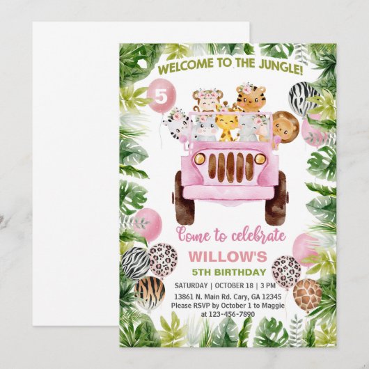 Safari-auto, roze auto, dierenkorter kaart (Voorkant / Achterkant)