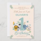 Safari Avontuur met Leuke Dieren 1e verjaardag Kaart (Voorkant)