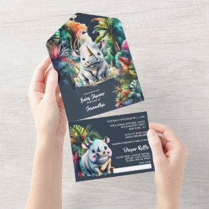 Safari avontuur neushoorn cartoon oerwoud verlaat  all in one uitnodiging