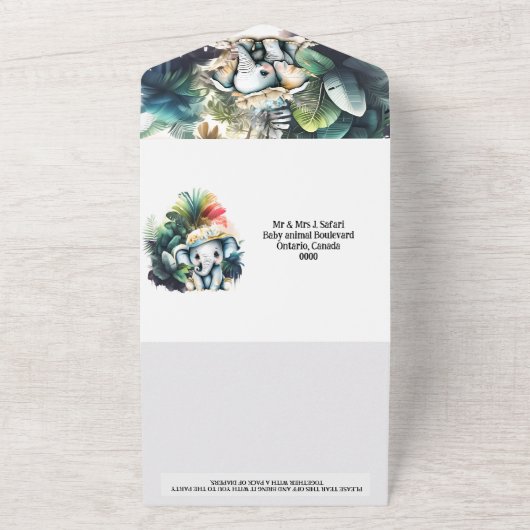 Safari avontuur schattig olifant oerwoud groen all in one uitnodiging (Buitenkant)