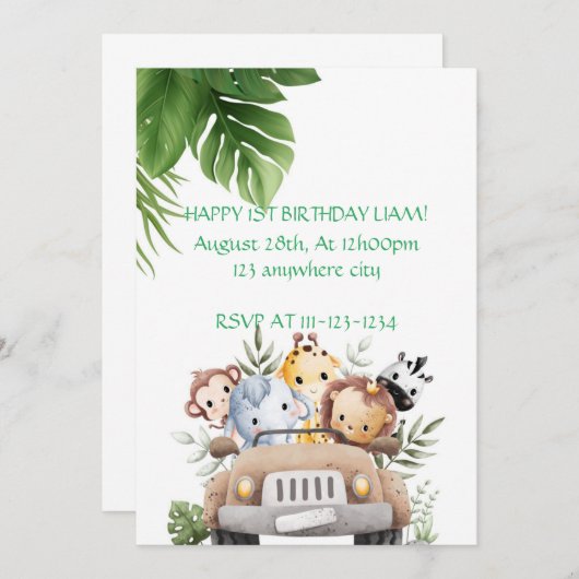 SAFARI AVONTUUR VERJAARDAG UITNODIGING, DIGITAAL KAART (Voorkant / Achterkant)