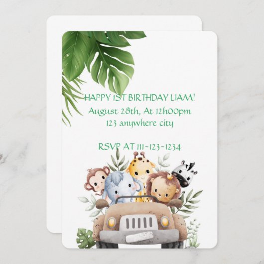 SAFARI AVONTUUR VERJAARDAG UITNODIGING, DIGITAAL KAART (Voorkant / Achterkant)