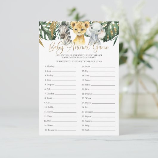 Safari Baby Animal Guining Game Baby shower Kaart (Staand voorkant)