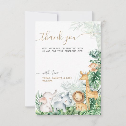 Safari Baby Animals Greenery Baby shower Bedankkaart (Voorkant)