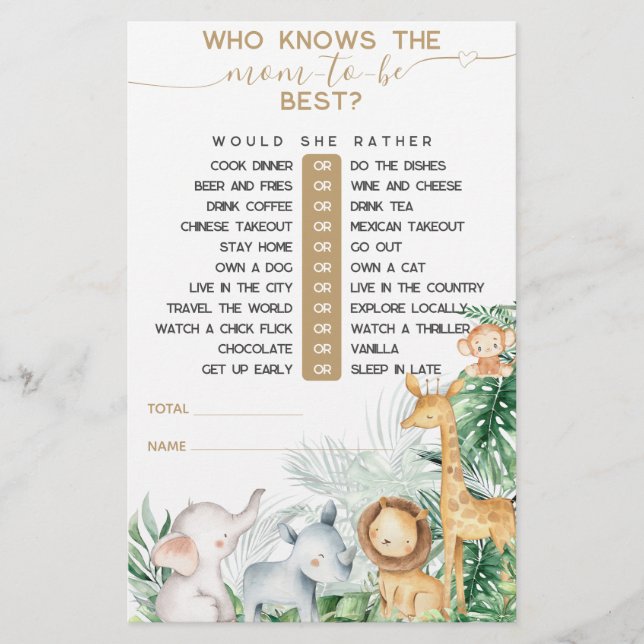 Safari Baby Animals Greenery Baby shower game (Voorkant)