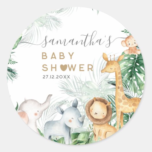 Safari Baby Animals Greenery Baby shower Ronde Sticker (Voorkant)