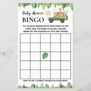 Safari Baby Animals Shower Bingo Game Kaart
