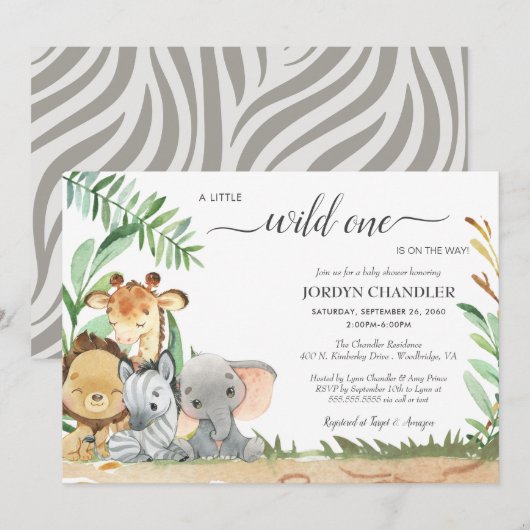 Safari Baby Animals Wild One Baby shower Kaart (Voorkant / Achterkant)