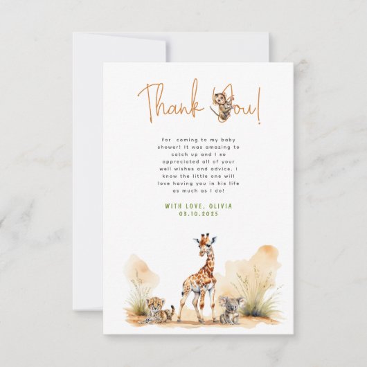 Safari Baby Dieren Baby shower Dank u kaart (Voorkant)