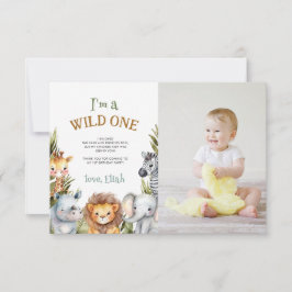 Safari Baby Dieren Eerste Verjaardag Dank u kaart