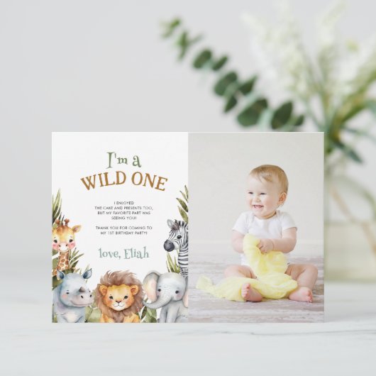 Safari Baby Dieren Eerste Verjaardag Dank u kaart (Staand voorkant)