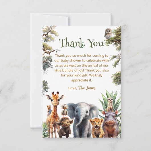 Safari Baby Dieren Groen Baby shower Dank u Bedankkaart (Voorkant)