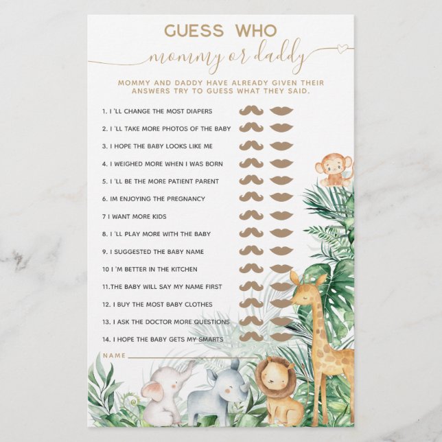 Safari Baby Dieren Groene Baby Shower Raadspel (Voorkant)