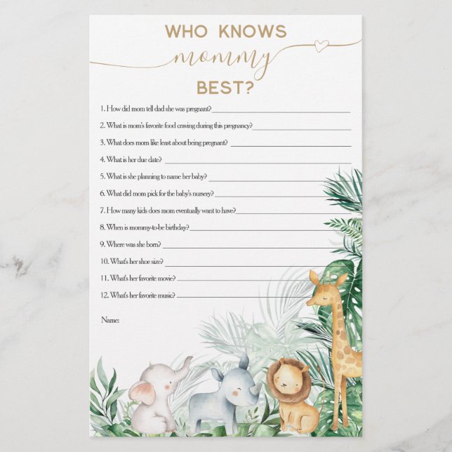 Safari Baby Dieren Groene Baby Shower spel (Voorkant)