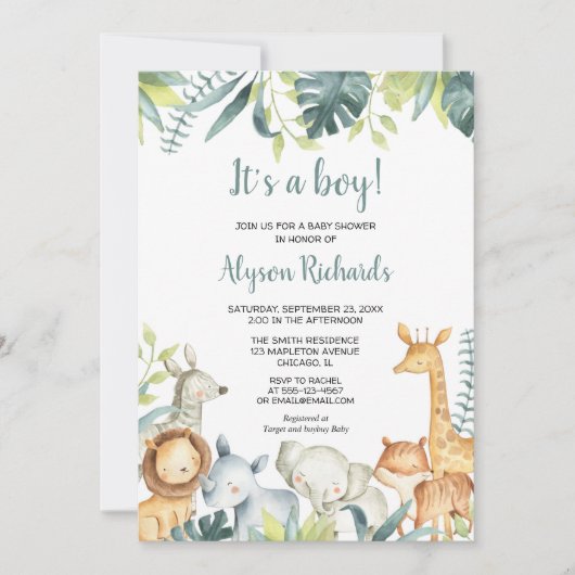 Safari baby dieren Het is een jongen groen douche Kaart (Voorkant)