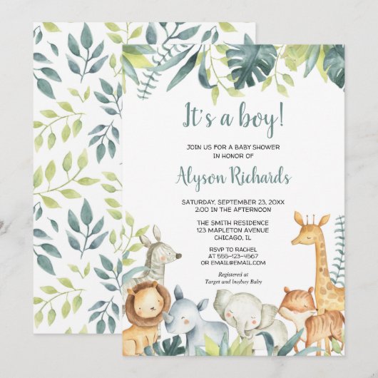 Safari baby dieren Het is een jongen groen douche Kaart (Voorkant / Achterkant)