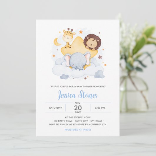 Safari Baby Douche Uitnodigingen op Star Moon Sky (Staand voorkant)