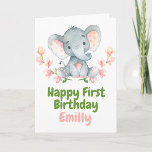 Safari Baby Elephant Happy 1st Birthday Card Kaart
