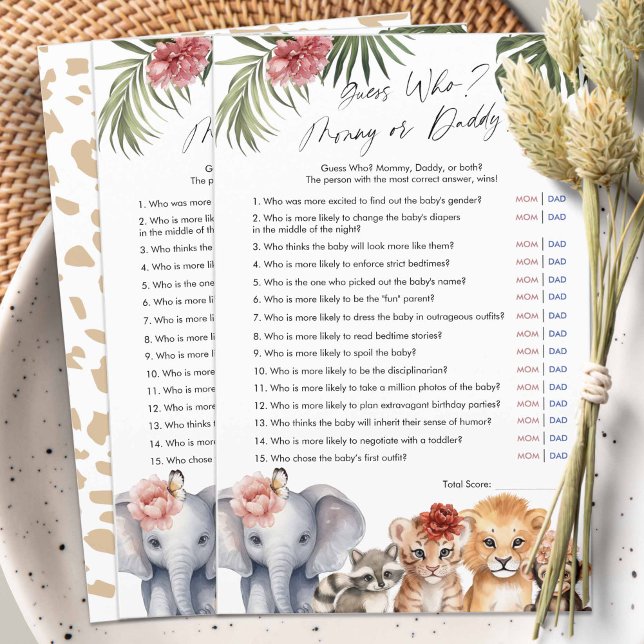 Safari Baby Meisje Douche Raad Wie mama of papa (Safari Animals, baby Girl Shower game, Guess Who, Mommy or Daddy?)