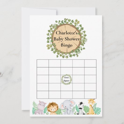 Safari Baby shower Bingo en Name Race Card Kaart (Voorkant)