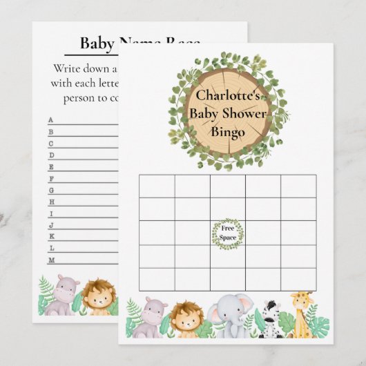 Safari Baby shower Bingo en Name Race Card Kaart (Voorkant / Achterkant)
