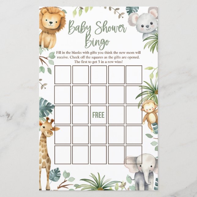Safari Baby shower Bingo Kaarten (Voorkant)