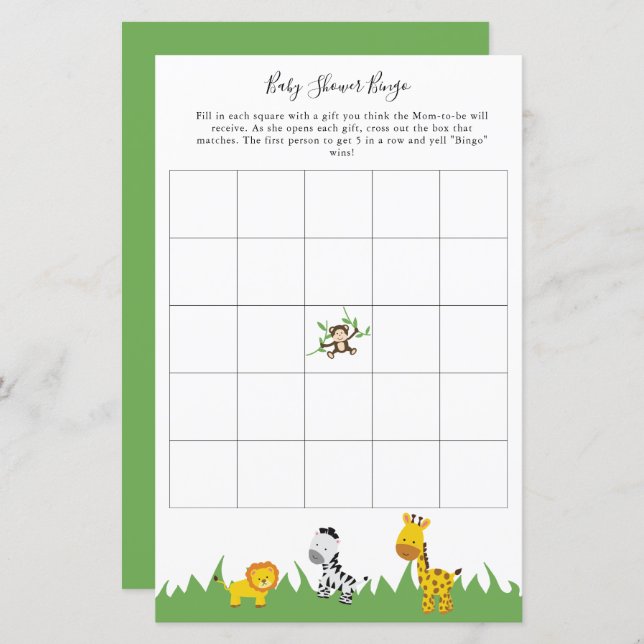Safari Baby shower Bingo Party Game Cute Animals (Voorkant / Achterkant)