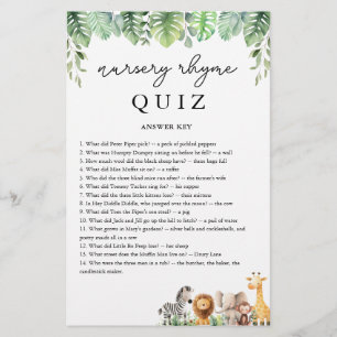 Safari Baby shower Game Nursery Rhyme Quiz Antwoor Flyer
