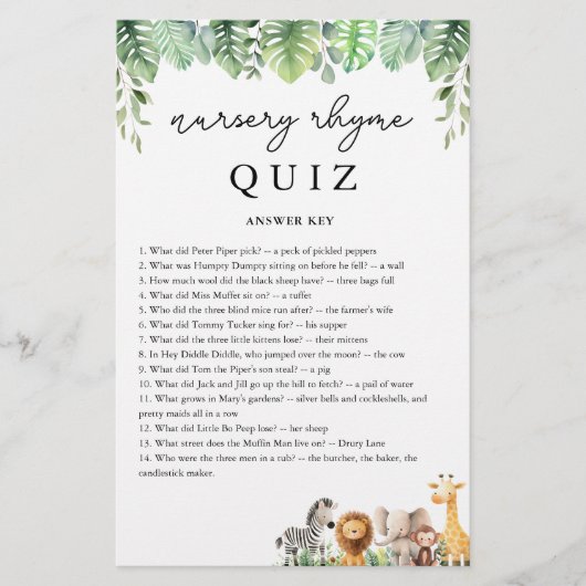 Safari Baby shower Game Nursery Rhyme Quiz Antwoor Flyer (Voorkant)