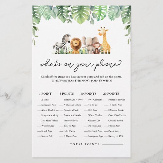 Safari Baby Shower Game - What's on Your Phone? Flyer (Voorkant)