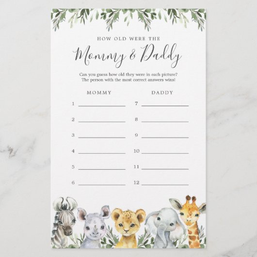 Safari Baby shower Hoe oud waren ze spel Kaart (Voorkant)